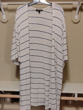 Lane Bryant Cream and Black Striped Open Knit Cardigan